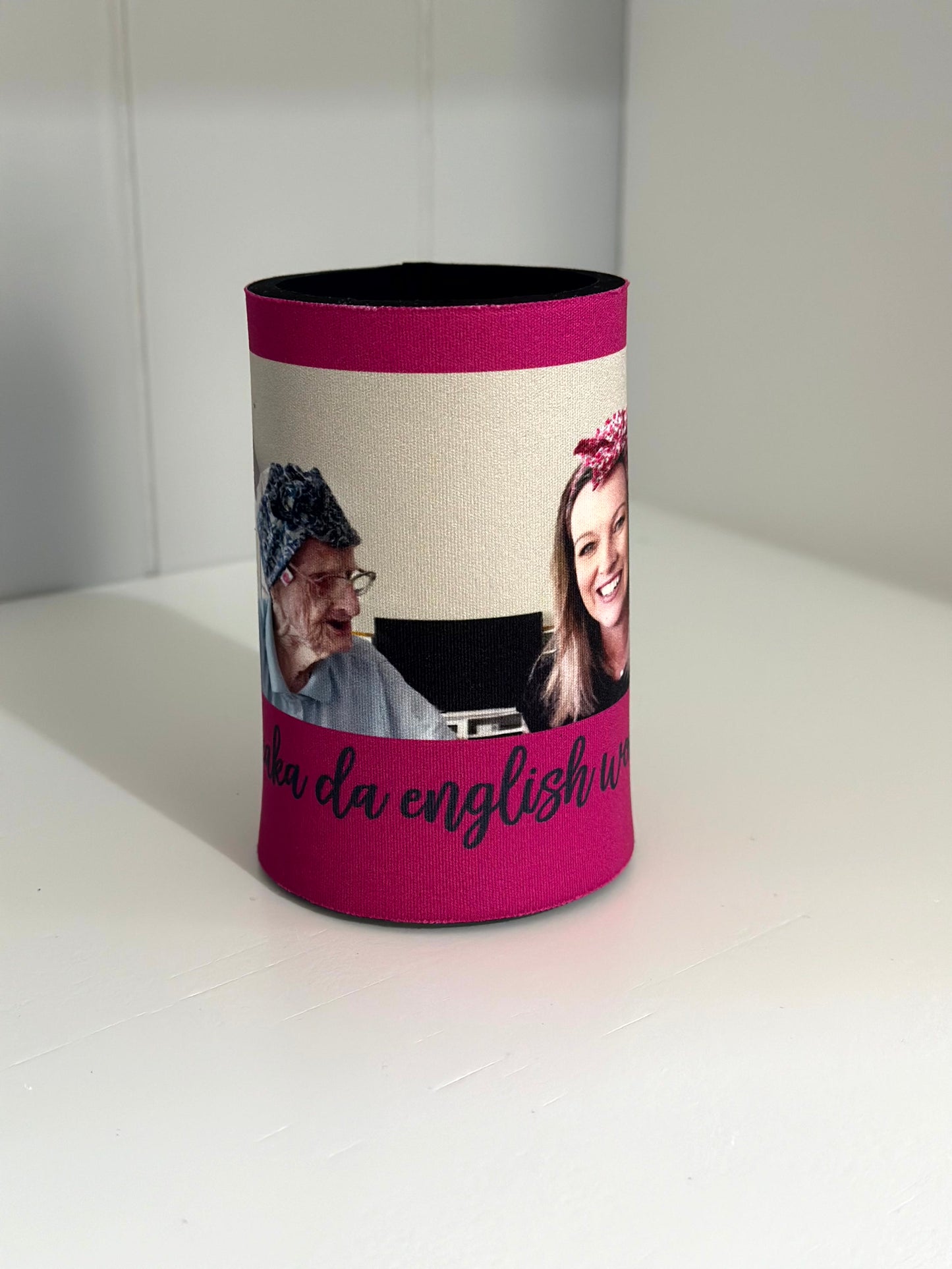 'Speaka Da English woman' stubby holder