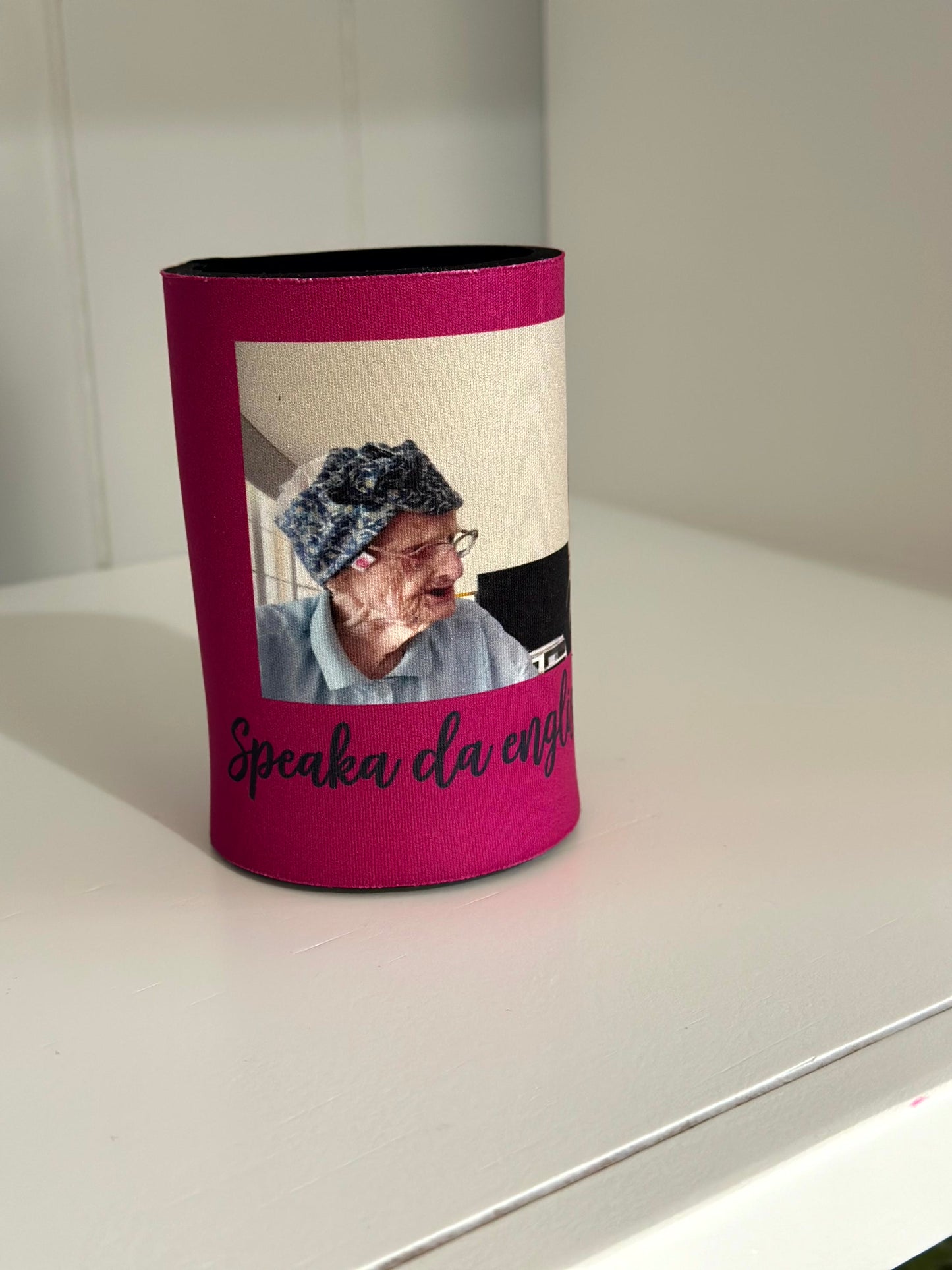 'Speaka Da English woman' stubby holder