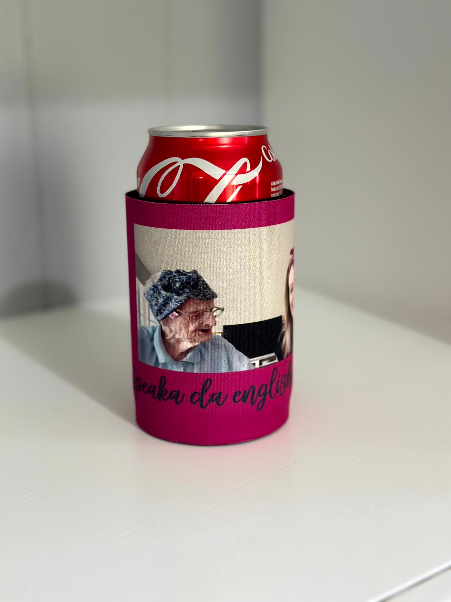 'Speaka Da English woman' stubby holder